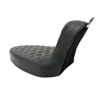 Two black, padded Sully's Customs Hardtail Cobra Seats for hardtails—each handmade in the USA: one with horizontal stitching, the other with diamond quilting.