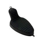 Two black, padded Sully's Customs Hardtail Cobra Seats for hardtails—each handmade in the USA: one with horizontal stitching, the other with diamond quilting.