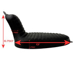 Two black motorcycle seats from Sully's Customs—a hardtail saddle with horizontal stitching and the Cobra Seat for Hardtail with a diamond quilted design—are shown from above, each built on a sturdy steel pan.