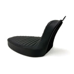Two black, padded Sully's Customs Hardtail Cobra Seats for hardtails—each handmade in the USA: one with horizontal stitching, the other with diamond quilting.