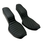 Sully's Customs Camel Back Seats for 1996-2003 Harley-Davidson Dyna feature unique black designs—one with horizontal stitching, the other with diamond quilting—making them ideal upgrades for your ride.