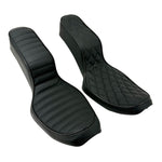 Sully's Customs Camel Back Seats for 1996-2003 Harley-Davidson Dyna feature unique black designs—one with horizontal stitching, the other with diamond quilting—making them ideal upgrades for your ride.