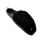 Sully's Customs Camel Back Seats for 1996-2003 Harley-Davidson Dyna feature unique black designs—one with horizontal stitching, the other with diamond quilting—making them ideal upgrades for your ride.