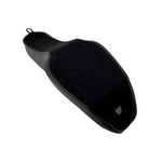 Sully's Customs Camel Back Seats for 1996-2003 Harley-Davidson Dyna feature unique black designs—one with horizontal stitching, the other with diamond quilting—making them ideal upgrades for your ride.