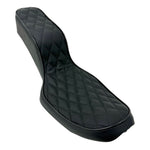 Sully's Customs Camel Back Seats for 1996-2003 Harley-Davidson Dyna feature unique black designs—one with horizontal stitching, the other with diamond quilting—making them ideal upgrades for your ride.
