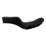 Sully's Customs Camel Back Seats for 1996-2003 Harley-Davidson Dyna feature unique black designs—one with horizontal stitching, the other with diamond quilting—making them ideal upgrades for your ride.