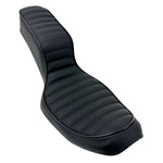 Sully's Customs Camel Back Seats for 1996-2003 Harley-Davidson Dyna feature unique black designs—one with horizontal stitching, the other with diamond quilting—making them ideal upgrades for your ride.