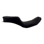 Sully's Customs Camel Back Seats for 1996-2003 Harley-Davidson Dyna feature unique black designs—one with horizontal stitching, the other with diamond quilting—making them ideal upgrades for your ride.
