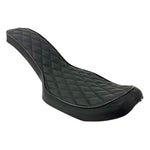 Two black, padded Sully's Customs Cobra Seats for 1996-2003 Harley-Davidson Dyna, featuring a quilted diamond pattern, are shown overlapping on a white background.
