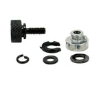 The Moto Iron® Seat Screw Mount Kit for 1997-Up Harley-Davidson includes a knurled thumb screw, slotted retainer, cylindrical nut, and three washers—perfect for motorcycle seat repairs—displayed on a white background.
