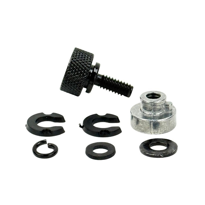 The Moto Iron® Seat Screw Mount Kit for 1997-Up Harley-Davidson includes a knurled thumb screw, threaded insert, two black clips, circlip, and two washers—ideal for seat mounting—displayed on a white background.