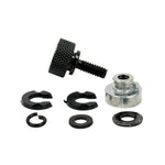 The Moto Iron® Seat Screw Mount Kit for 1997-Up Harley-Davidson includes a knurled thumb screw, threaded insert, two black clips, circlip, and two washers—ideal for seat mounting—displayed on a white background.