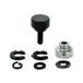 The Moto Iron® Seat Screw Mount Kit for 1997-Up Harley-Davidson includes a knurled thumb screw, threaded insert, two black clips, circlip, and two washers—ideal for seat mounting—displayed on a white background.