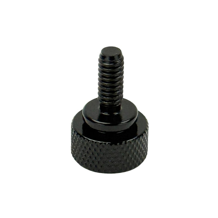 The Moto Iron® Seat Screw Mount Kit for 1997-Up Harley-Davidson includes a knurled thumb screw, threaded insert, two black clips, circlip, and two washers—ideal for seat mounting—displayed on a white background.