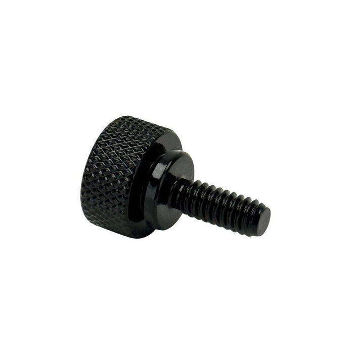The Moto Iron® Seat Screw Mount Kit for 1997-Up Harley-Davidson includes a knurled thumb screw, threaded insert, two black clips, circlip, and two washers—ideal for seat mounting—displayed on a white background.