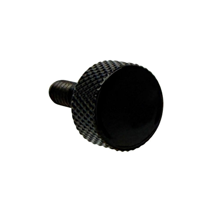 The Moto Iron® Seat Screw Mount Kit for 1997-Up Harley-Davidson includes a knurled thumb screw, threaded insert, two black clips, circlip, and two washers—ideal for seat mounting—displayed on a white background.