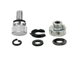 The Moto Iron® Seat Screw Mount Kit for 1997-Up Harley-Davidson, featuring a black knurled thumbscrew, nut, two clips, split ring, and two washers, is arranged on a white background.