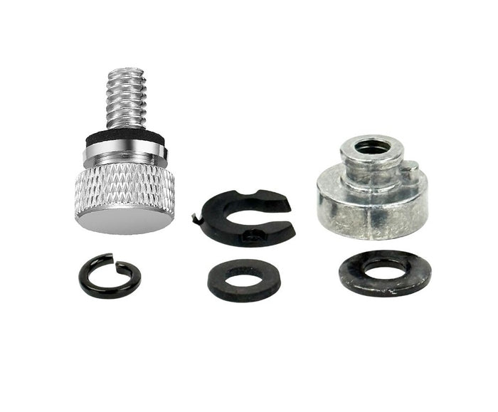 The Moto Iron® Seat Screw Mount Kit for 1997-Up Harley-Davidson, featuring a black knurled thumbscrew, nut, two clips, split ring, and two washers, is arranged on a white background.