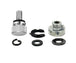 The Moto Iron® Seat Screw Mount Kit for 1997-Up Harley-Davidson, featuring a black knurled thumbscrew, nut, two clips, split ring, and two washers, is arranged on a white background.