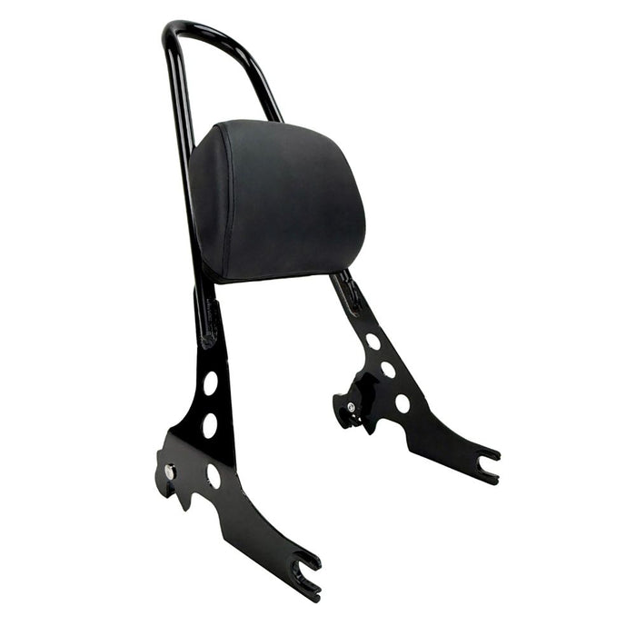 Black Moto Iron Detachable Passenger Sissy Bar With Backrest Pad for 2004-2022 Harley-Davidson Sportster, featuring an attached padded backrest.