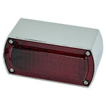 The Moto Iron® Box-Style Chopper Tail Light features a rectangular red lens and chrome die-cast housing, secured by four visible screws, shown against a white background.