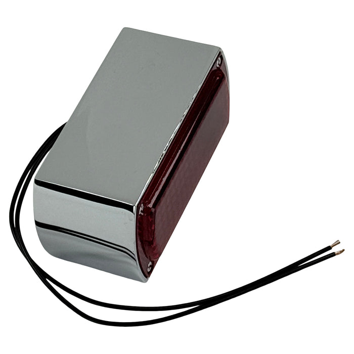 The Moto Iron® Box-Style Chopper Tail Light features a rectangular red lens and chrome die-cast housing, secured by four visible screws, shown against a white background.