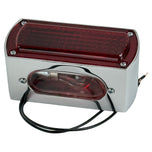 The Moto Iron® Box-Style Chopper Tail Light features a rectangular red lens and chrome die-cast housing, secured by four visible screws, shown against a white background.
