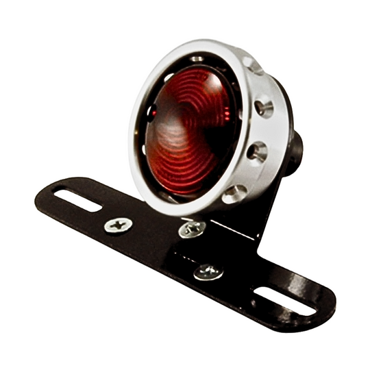 The Mid-USA Vintage Drilled Tail Light features a round design with a red lens and aluminum housing in silver, black, or gold. Each mounts on a black bracket with two screw holes and works with a 12V dual-filament bulb for reliable performance.
