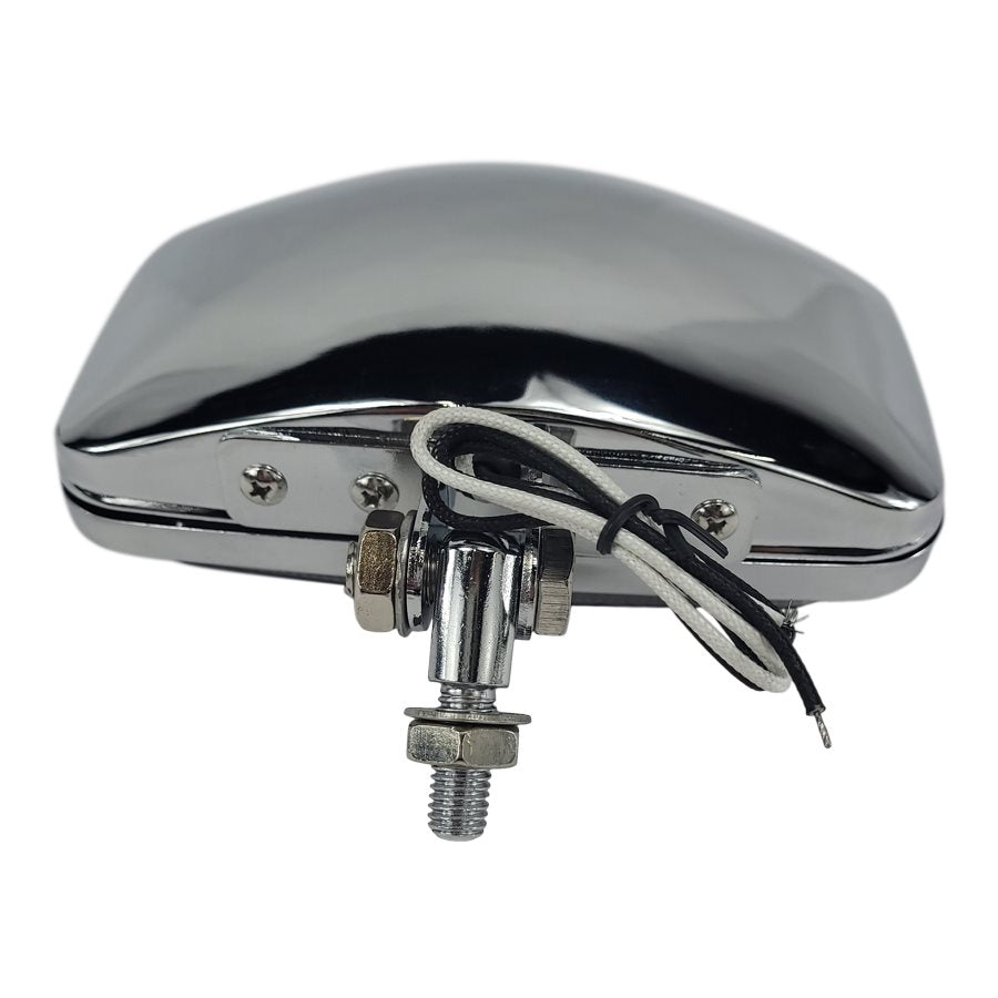 An image of a Moto Iron® Rectangle Chopper Headlight - Chrome - Clear Lens mounted on a white background.