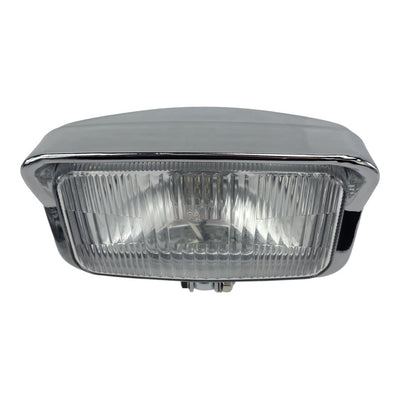 A Moto Iron Rectangle Chopper Headlight - Chrome - Clear Lens with a classic clear glass lens on a white background.