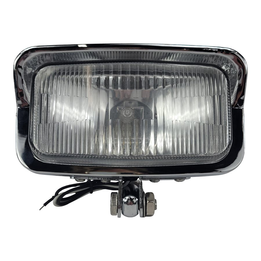 An image of a Moto Iron® Rectangle Chopper Headlight - Chrome - Clear Lens, on a white background.