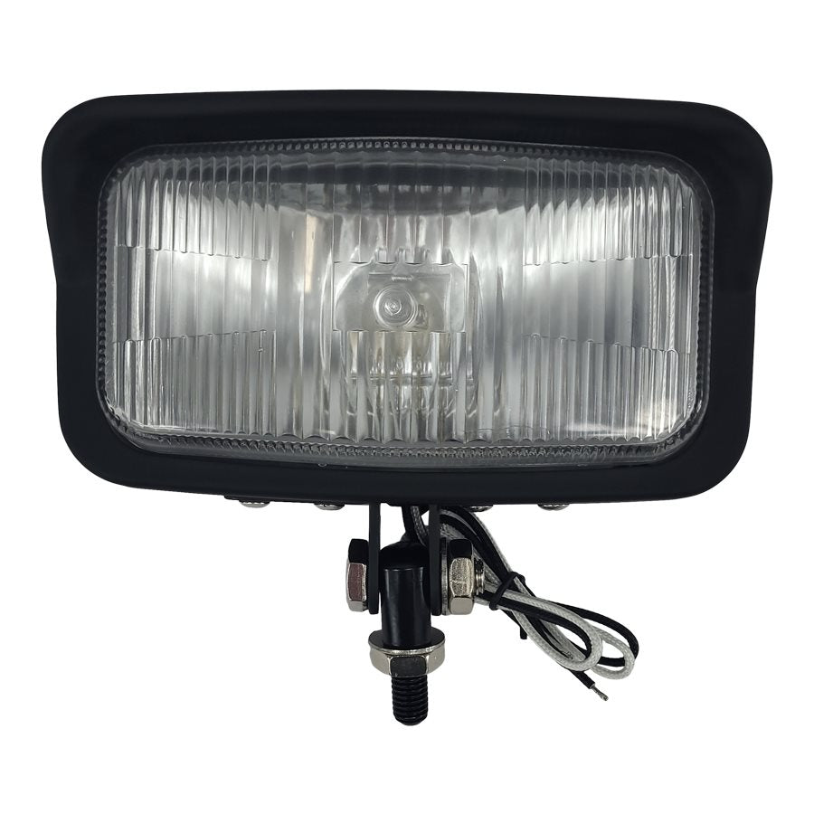 A durable Moto Iron® Rectangle Chopper Headlight - Black- Clear Lens with a classic clear glass lens on a white background.
