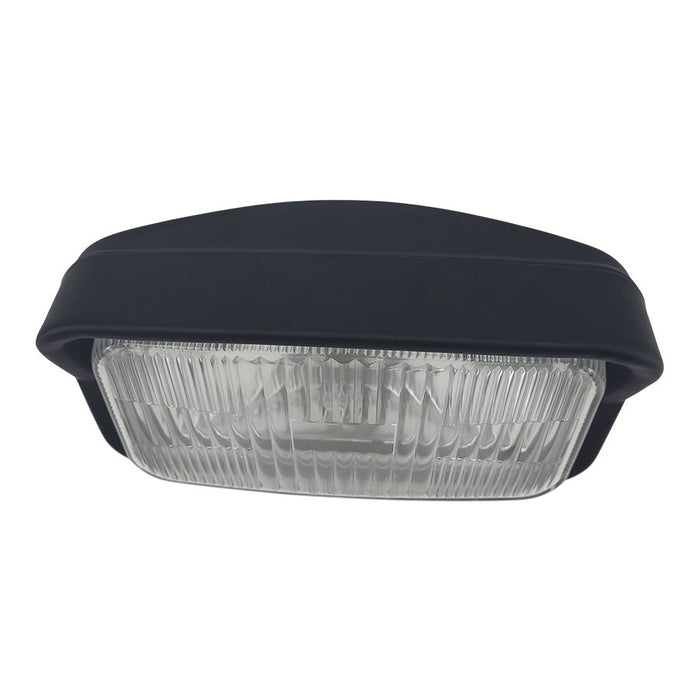 A Moto Iron® Rectangle Chopper Headlight - Black- Clear Lens with a black powder coat finish on a white background.