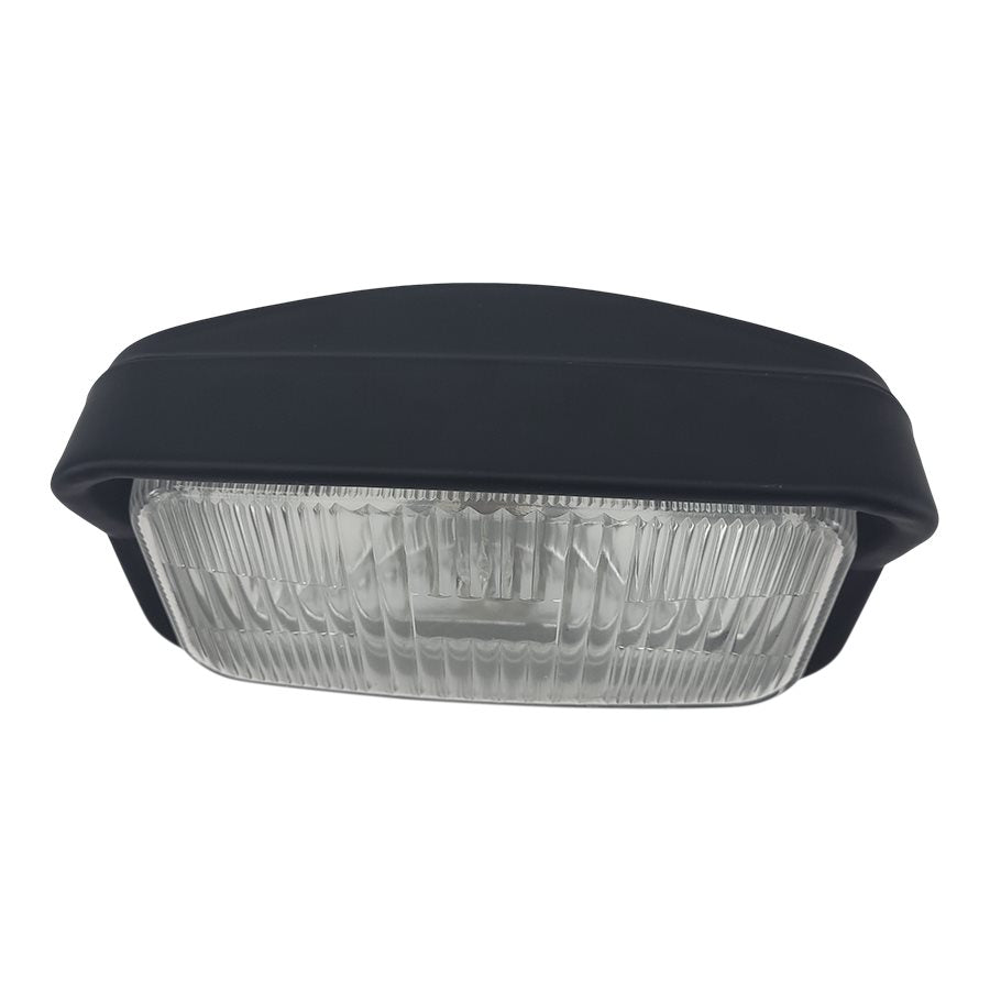 A Moto Iron® Rectangle Chopper Headlight - Black- Clear Lens with a black powder coat finish on a white background.