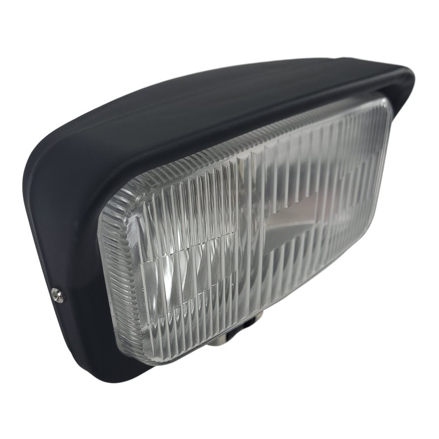 A durable Moto Iron® Rectangle Chopper Headlight - Black- Clear Lens with a vintage style chopper headlight on a white background.