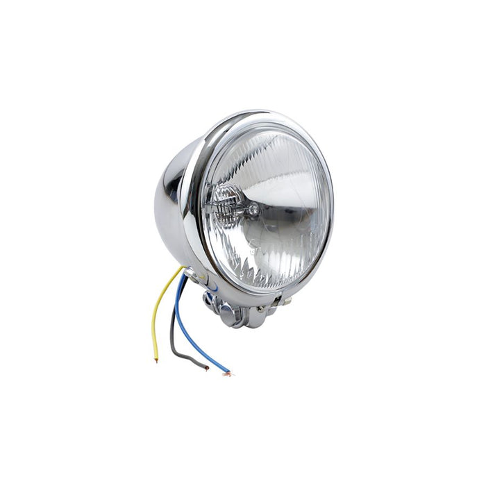 The 4.5" Vintage Chopper Style Headlight from Drag Specialties boasts a round, chrome-finished design with exposed blue, yellow, and black wires.