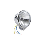 The 4.5" Vintage Chopper Style Headlight from Drag Specialties boasts a round, chrome-finished design with exposed blue, yellow, and black wires.