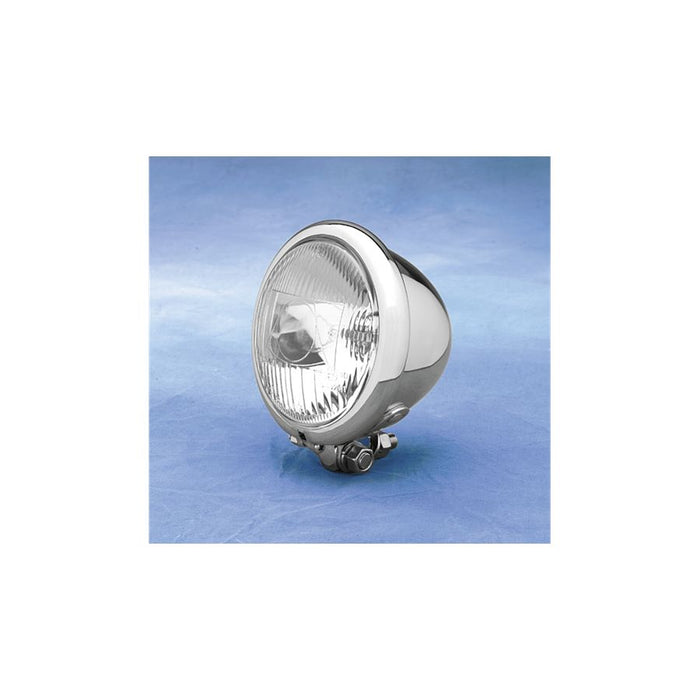 The 4.5" Vintage Chopper Style Headlight from Drag Specialties boasts a round, chrome-finished design with exposed blue, yellow, and black wires.