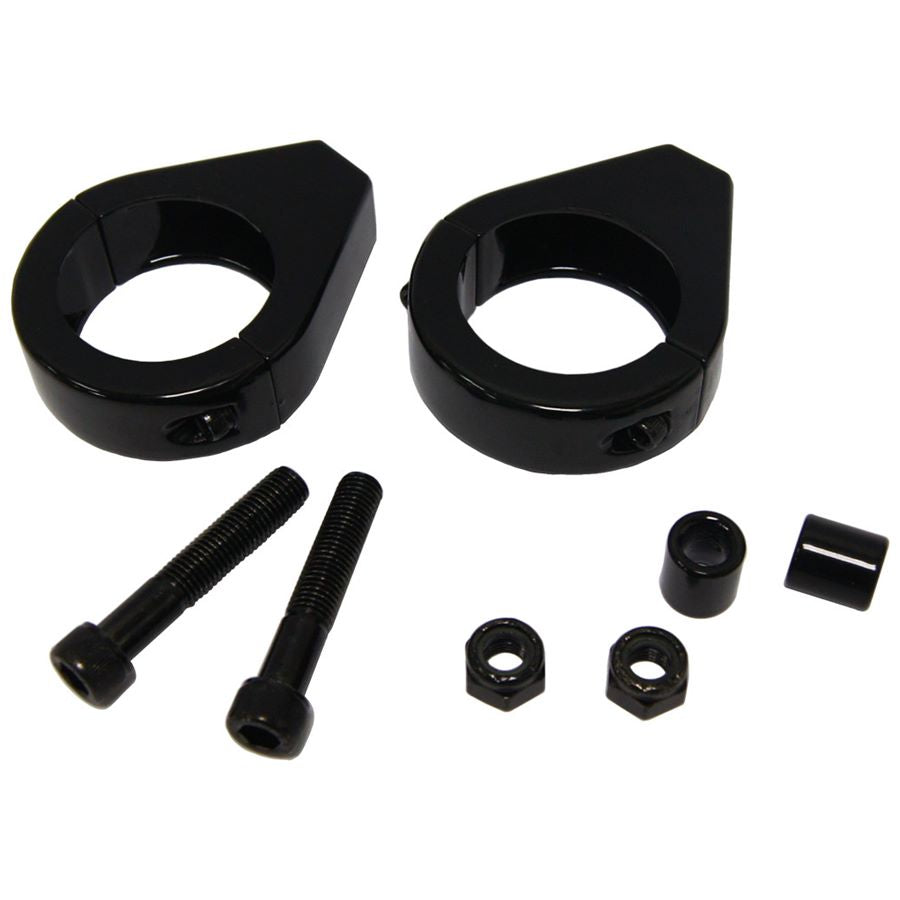 A set of HardDrive Clamp on Turn Signal Mounts - 41mm forks - Black for a durable motorcycle.