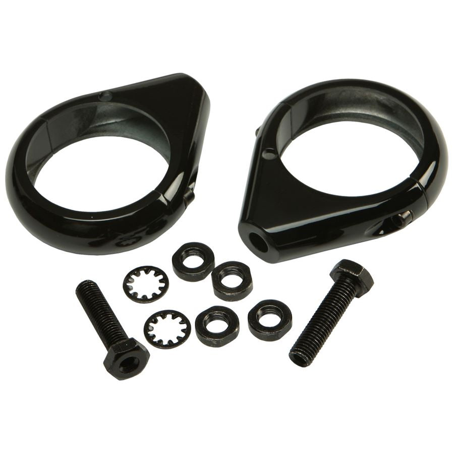 A pair of HardDrive black Clamp on Turn Signal Mounts with nuts and bolts for 49mm forks.