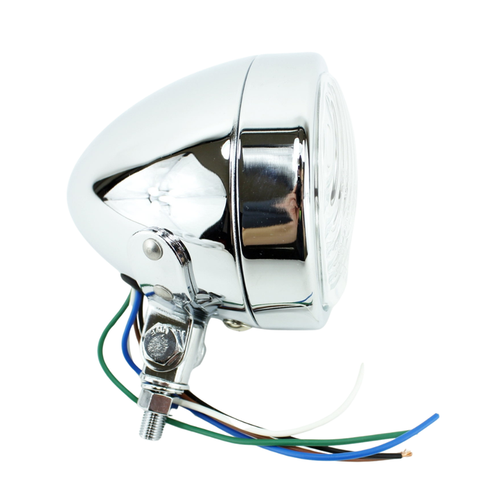The Mid-USA 3-1/2" Headlight by Mid-USA features a chrome finish, clear lens, exposed wires in white, green, blue, black, and brown, and is compatible with H4 halogen bulbs or daytime running lamps.