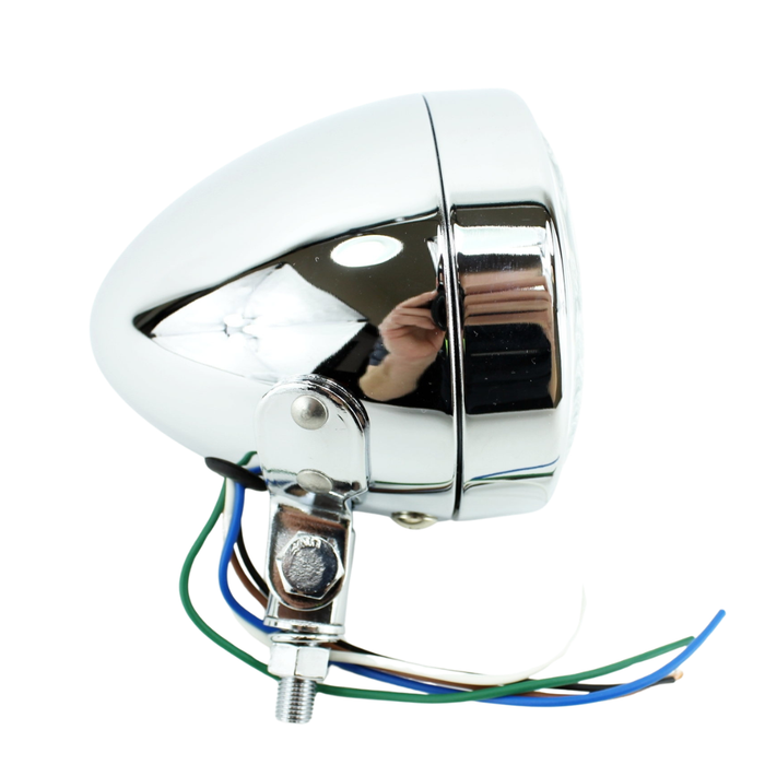 The Mid-USA 3-1/2" Headlight by Mid-USA features a chrome finish, clear lens, exposed wires in white, green, blue, black, and brown, and is compatible with H4 halogen bulbs or daytime running lamps.