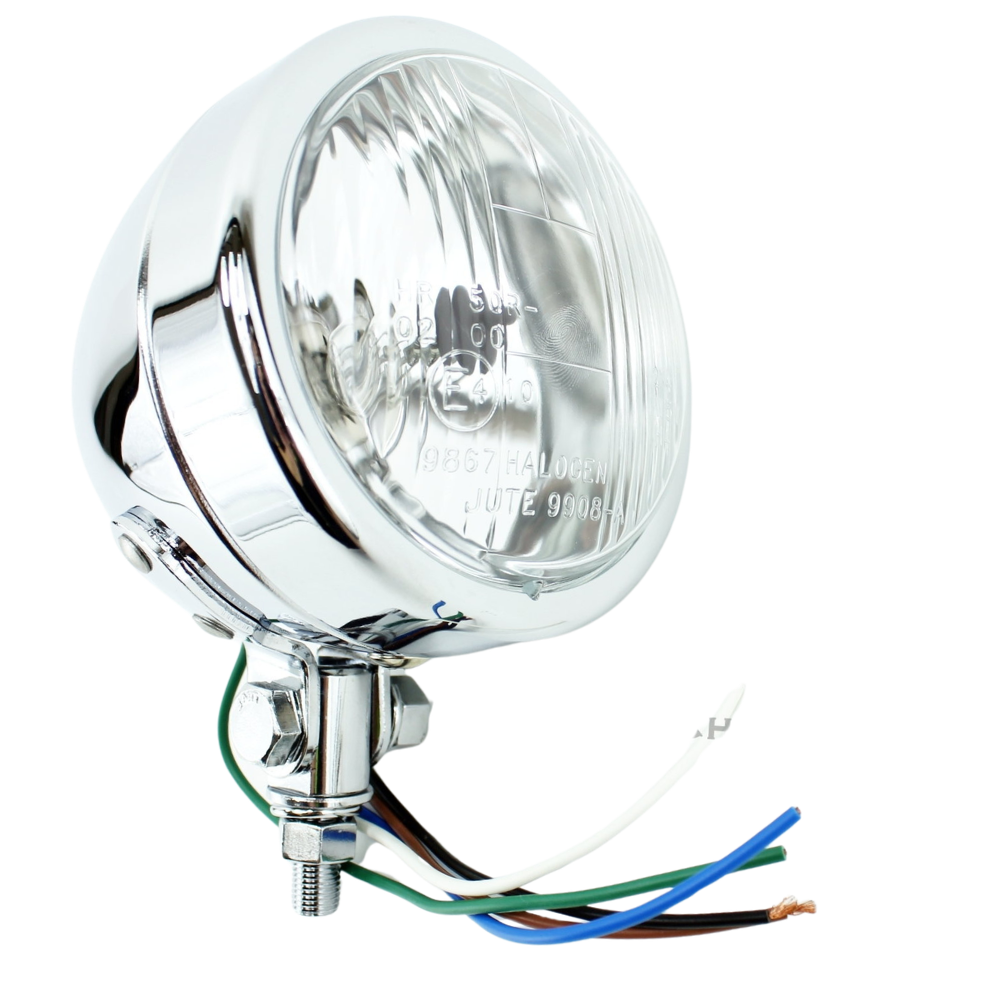 The Mid-USA 3-1/2" Headlight by Mid-USA features a chrome finish, clear lens, exposed wires in white, green, blue, black, and brown, and is compatible with H4 halogen bulbs or daytime running lamps.