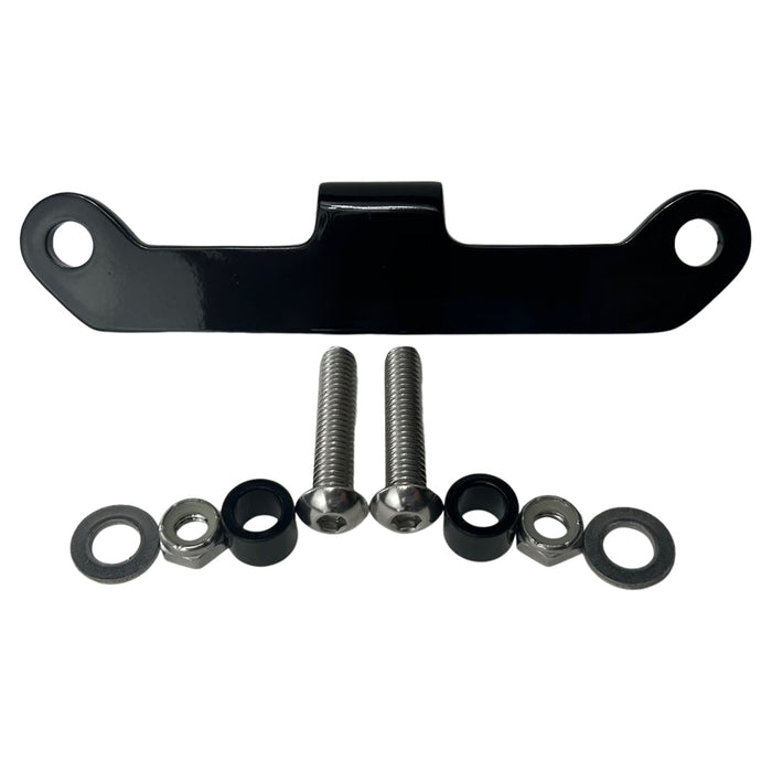 The TC Bros. Vintage Springer Headlight Mounting Bracket in black, designed for Harley Davidson bikes, comes with two holes and includes metal screws, washers, and bushings.