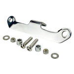 The TC Bros. Vintage Springer Headlight Mounting Bracket Chrome for Harley Davidson comes with a metal bracket featuring two holes, along with two screws, washers, and nuts. Ideal for securely mounting your vintage Springer headlight on your Harley Davidson.
