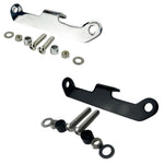 The TC Bros. Vintage Springer Headlight Mounting Bracket Chrome for Harley Davidson comes with a metal bracket featuring two holes, along with two screws, washers, and nuts. Ideal for securely mounting your vintage Springer headlight on your Harley Davidson.