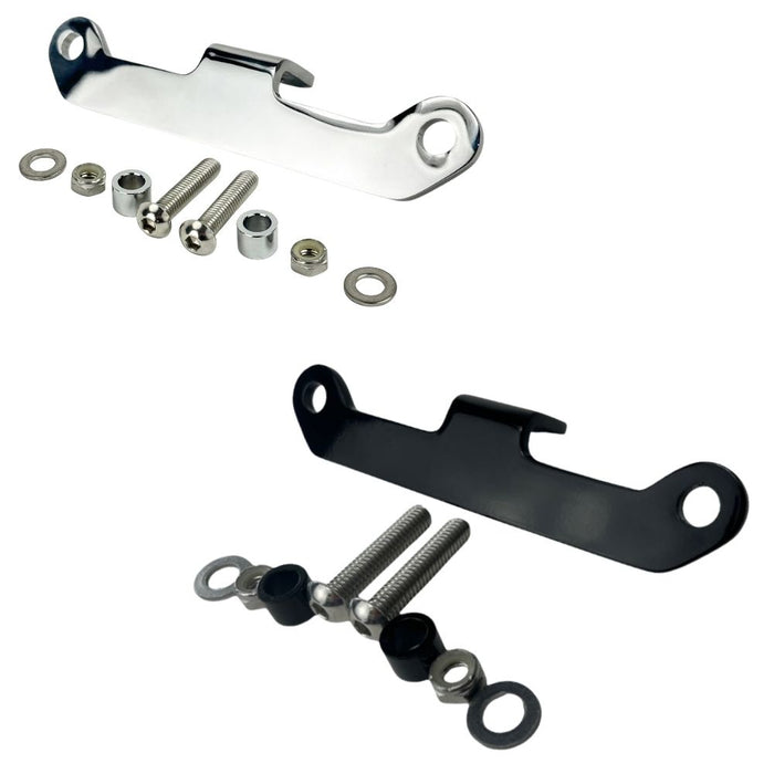 The TC Bros. Vintage Springer Headlight Mounting Bracket Chrome for Harley Davidson comes with a metal bracket featuring two holes, along with two screws, washers, and nuts. Ideal for securely mounting your vintage Springer headlight on your Harley Davidson.