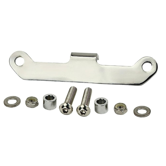 The TC Bros. Vintage Springer Headlight Mounting Bracket Chrome for Harley Davidson comes with a metal bracket featuring two holes, along with two screws, washers, and nuts. Ideal for securely mounting your vintage Springer headlight on your Harley Davidson.
