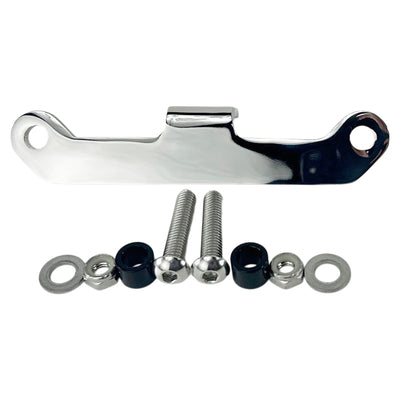 The TC Bros. Vintage Springer Headlight Mounting Bracket Chrome for Harley Davidson comes with a metal bracket featuring two holes, along with two screws, washers, and nuts. Ideal for securely mounting your vintage Springer headlight on your Harley Davidson.