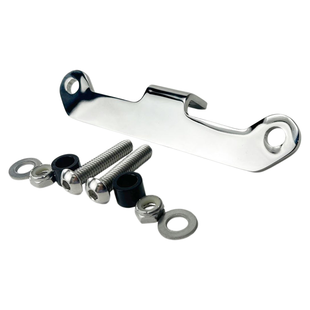 The TC Bros. Vintage Springer Headlight Mounting Bracket Chrome for Harley Davidson comes with a metal bracket featuring two holes, along with two screws, washers, and nuts. Ideal for securely mounting your vintage Springer headlight on your Harley Davidson.